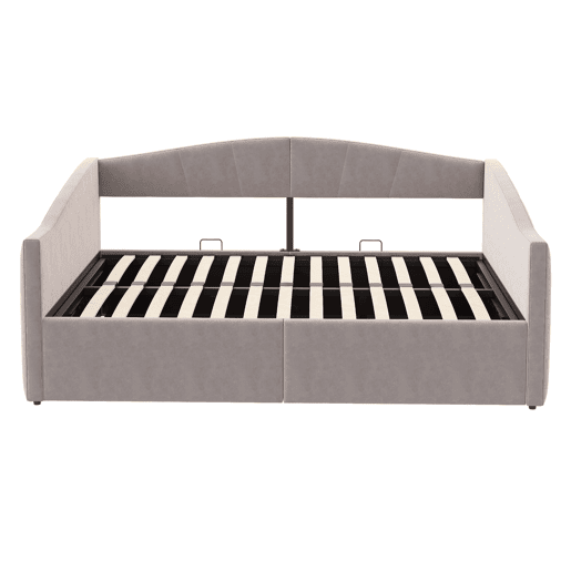 Sofá-cama 140 x 200 cm - Com armazenamento hidráulico, com estrado e apoios de braços, riscas clássicas, multifuncional, tecido veludo, cinzento claro