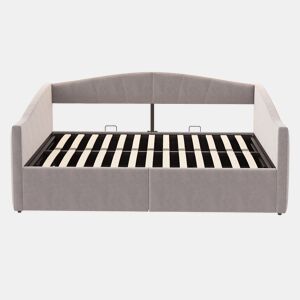 Sofá-cama 140 x 200 cm - Com armazenamento hidráulico, com estrado e apoios de braços, riscas clássicas, multifuncional, tecido veludo, cinzento claro