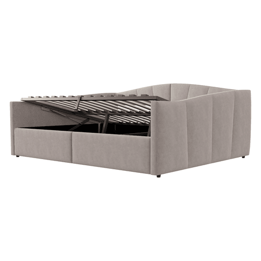 Sofá-cama 140 x 200 cm - Com armazenamento hidráulico, com estrado e apoios de braços, riscas clássicas, multifuncional, tecido veludo, cinzento claro