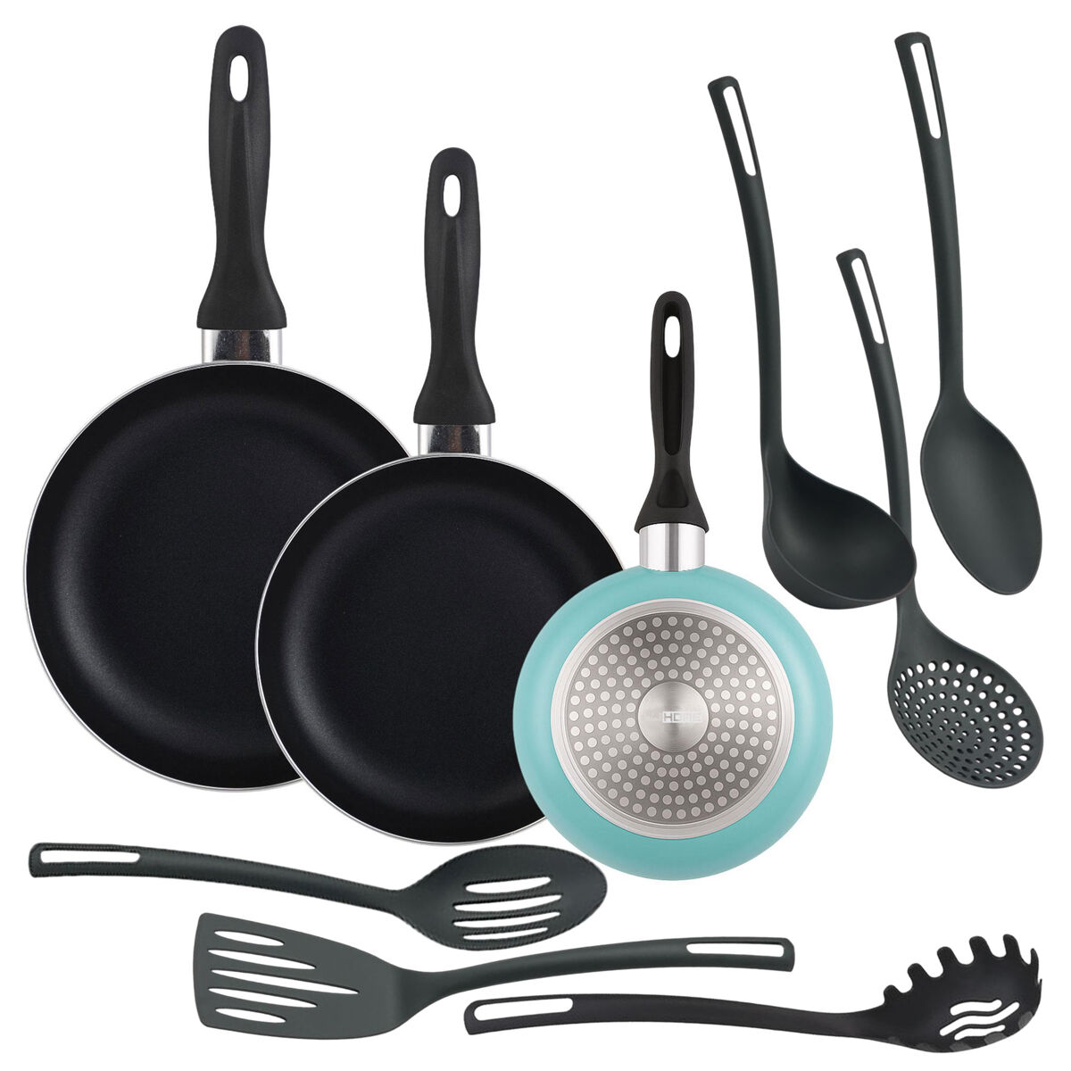 Well home set de 3 sartenes ø16ø20ø24cm de aluminio en azul mate + 6 utensilios de cocina en pbt color negro