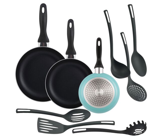 Well home set de 3 sartenes ø16ø20ø24cm de aluminio en azul mate + 6 utensilios de cocina en pbt color negro