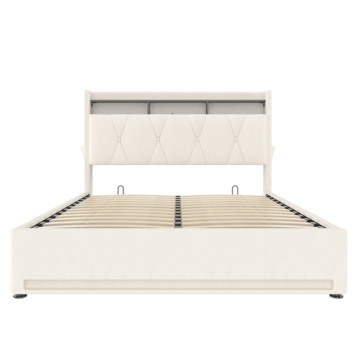 Estrutura da cama 160x200 cm - Com iluminação LED, carregamento USB Tipo C, arrumação embaixo, cabeceira com arrumação, hidráulica - Bege