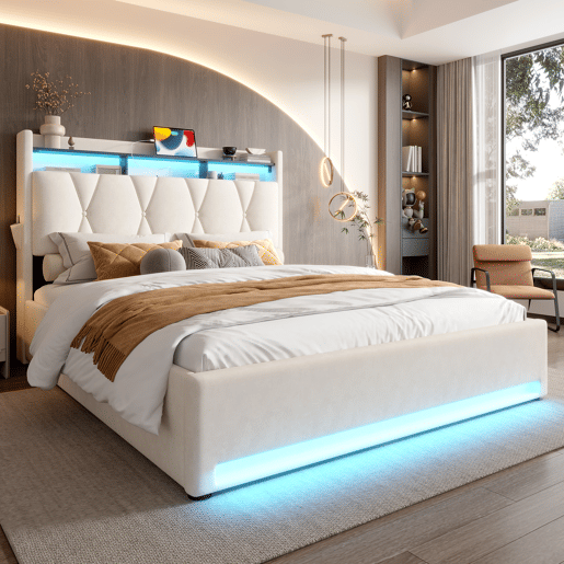 Estrutura da cama 160x200 cm - Com iluminação LED, carregamento USB Tipo C, arrumação embaixo, cabeceira com arrumação, hidráulica - Bege