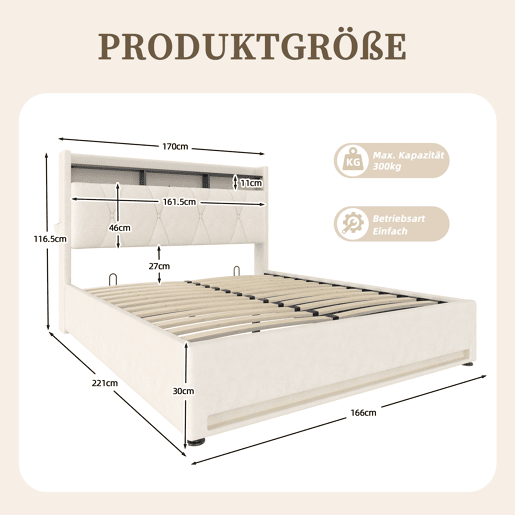 Estrutura da cama 160x200 cm - Com iluminação LED, carregamento USB Tipo C, arrumação embaixo, cabeceira com arrumação, hidráulica - Bege