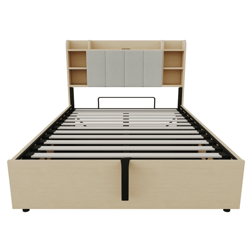 Cama de madeira 140x200 cm - Cama hidráulica com cabeceira com arrumação, USB e tomada Tape-C - Madeira natural
