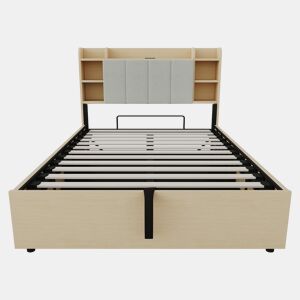 Cama de madeira 140x200 cm - Cama hidráulica com cabeceira com arrumação, USB e tomada Tape-C - Madeira natural
