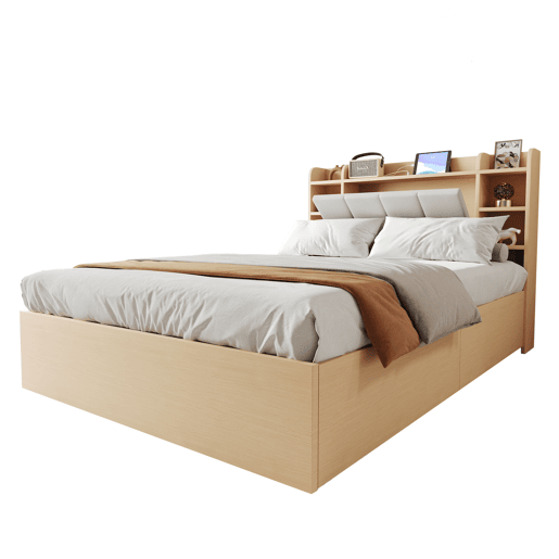 Cama de madeira 140x200 cm - Cama hidráulica com cabeceira com arrumação, USB e tomada Tape-C - Madeira natural