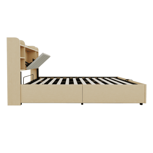 Cama de madeira 140x200 cm - Cama hidráulica com cabeceira com arrumação, USB e tomada Tape-C - Madeira natural