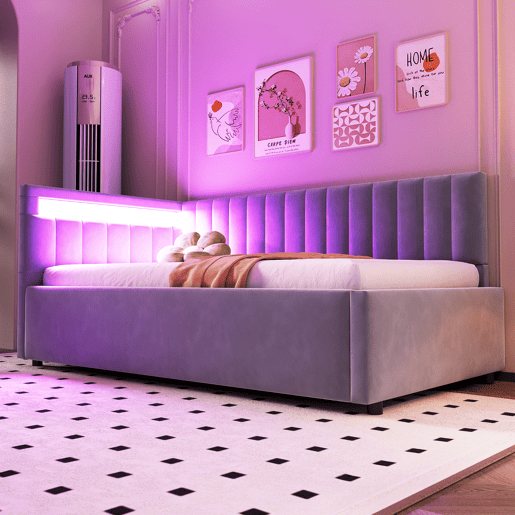 Sofá-cama 90x200 - Com LED e armazenamento hidráulico, design com riscas verticais, cabeceiras laterais ajustáveis, estrado, veludo - Cinza claro