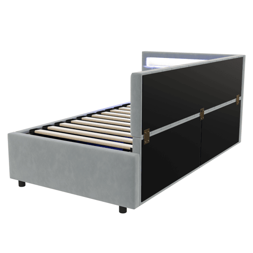 Sofá-cama 90x200 - Com LED e armazenamento hidráulico, design com riscas verticais, cabeceiras laterais ajustáveis, estrado, veludo - Cinza claro