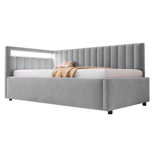 Sofá-cama 90x200 - Com LED e armazenamento hidráulico, design com riscas verticais, cabeceiras laterais ajustáveis, estrado, veludo - Cinza claro