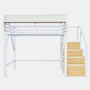 Cama alta 140x200 - Com escada de segurança e compartimento de arrumação flexível - Branco