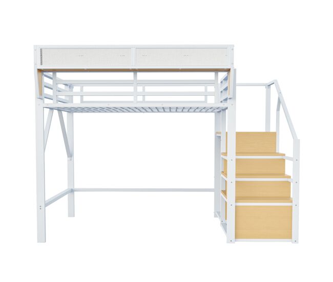 Cama alta 140x200 - con escalera de seguridad y compartimiento de almacenamiento flexible - blanco