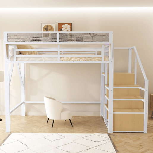 Cama alta 140x200 - Com escada de segurança e compartimento de arrumação flexível - Branco Cama alta 140x200 - Com escada de segurança e compartimento de arrumação flexível - Branco