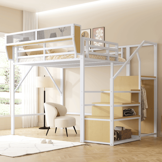 Cama alta 140x200 - Com escada de segurança e compartimento de arrumação flexível - Branco Cama alta 140x200 - Com escada de segurança e compartimento de arrumação flexível - Branco