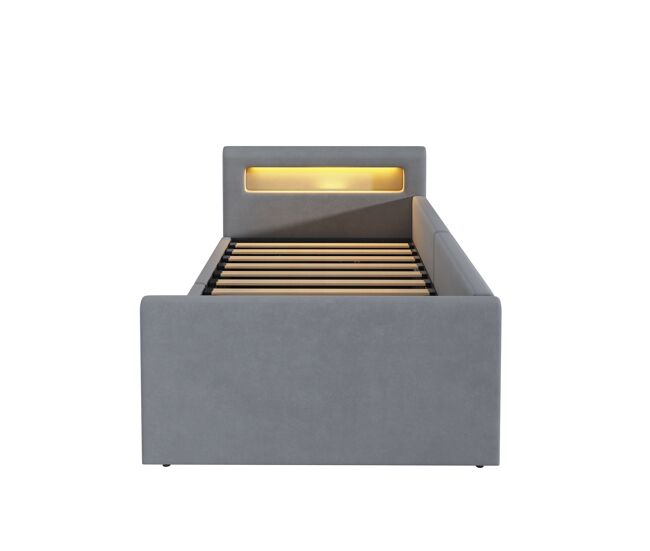 Cama infantil 90x200 cm - con luz led, luz nocturna, puerto usb, con estante, con almacenamiento hidráulico, cama individual, para niños y niñas, tela
