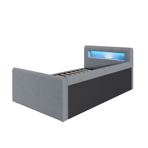Cama infantil 90x200 cm - Com luz LED, luz noturna, porta USB, com prateleira, com armazenamento hidráulico, cama individual, para meninos e meninas, tecido de veludo - Cinza claro
