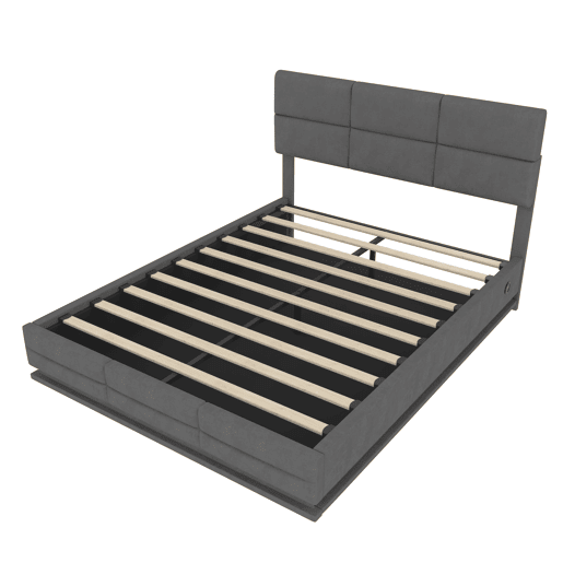 Cama estofada 140x200 cm - Cabeceira ajustável, portas USBType-C, iluminação LED, sistema hidráulico e armazenamento XXL - Cinza