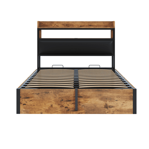 Cama 140x200 - com mecanismo hidráulico, USB, cabeceira acolchoada, design vintage em madeira e metal, arrumação oculta - Preto