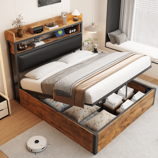 Cama 140x200 - com mecanismo hidráulico, USB, cabeceira acolchoada, design vintage em madeira e metal, arrumação oculta - Preto
