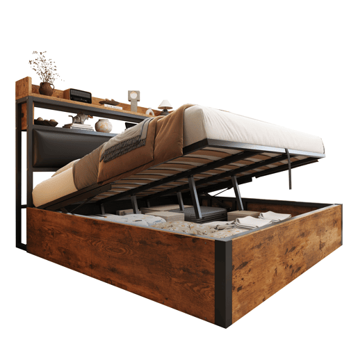 Cama 140x200 - com mecanismo hidráulico, USB, cabeceira acolchoada, design vintage em madeira e metal, arrumação oculta - Preto