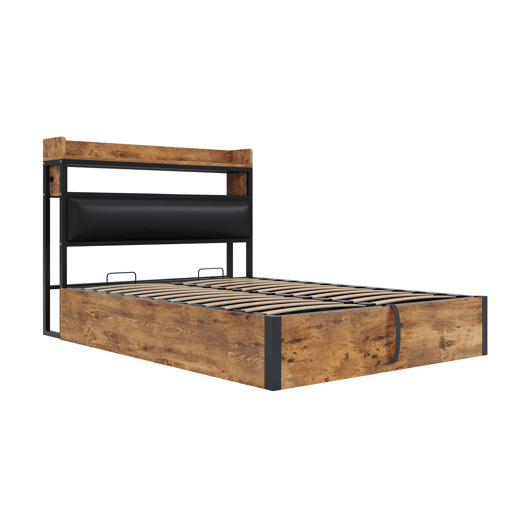 Cama 140x200 - com mecanismo hidráulico, USB, cabeceira acolchoada, design vintage em madeira e metal, arrumação oculta - Preto