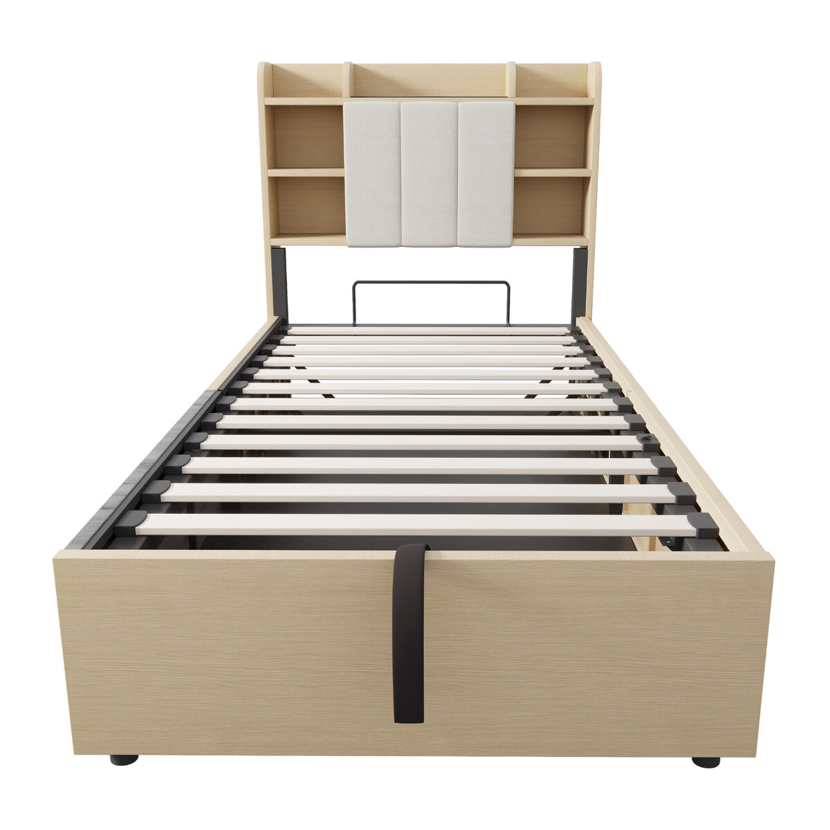Cama de madera 90x200 cm - cama hidráulica, con cabecero y almacenamiento, puertos usb y toma de corriente tipo-c - madera natural