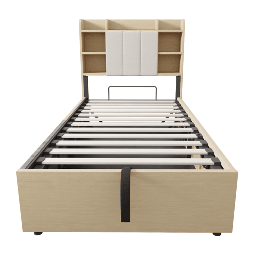 Cama de madeira 90x200 cm - Cama hidráulica, com cabeceira e arrumação, portas USB e tomada tipo C - Madeira natural
