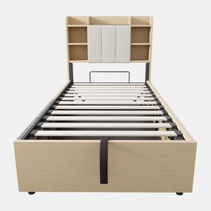 Cama de madeira 90x200 cm - Cama hidráulica, com cabeceira e arrumação, portas USB e tomada tipo C - Madeira natural