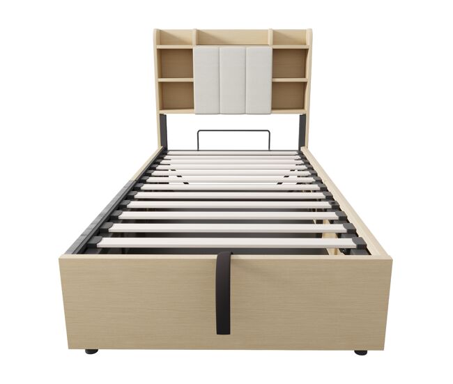 Cama de madera 90x200 cm - cama hidráulica, con cabecero y almacenamiento, puertos usb y toma de corriente tipo-c - madera natural