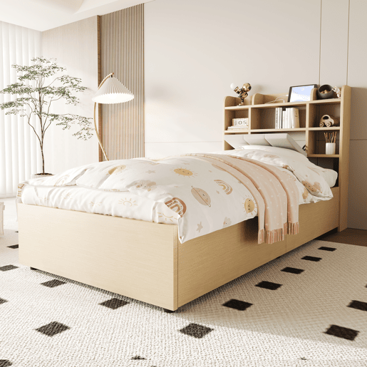 Cama de madeira 90x200 cm - Cama hidráulica, com cabeceira e arrumação, portas USB e tomada tipo C - Madeira natural