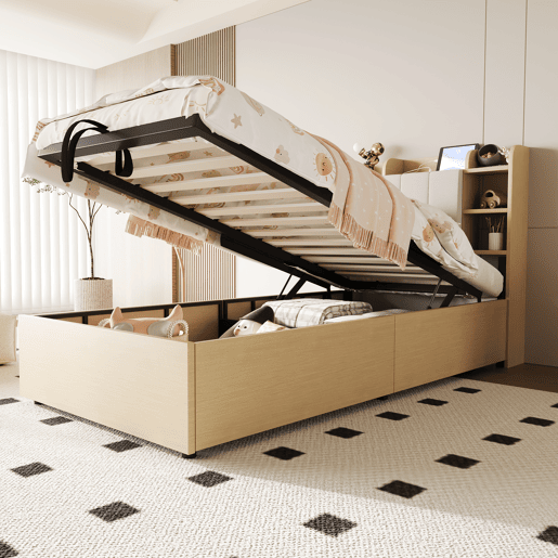 Cama de madeira 90x200 cm - Cama hidráulica, com cabeceira e arrumação, portas USB e tomada tipo C - Madeira natural