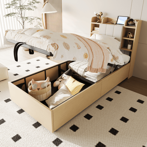 Cama de madeira 90x200 cm - Cama hidráulica, com cabeceira e arrumação, portas USB e tomada tipo C - Madeira natural