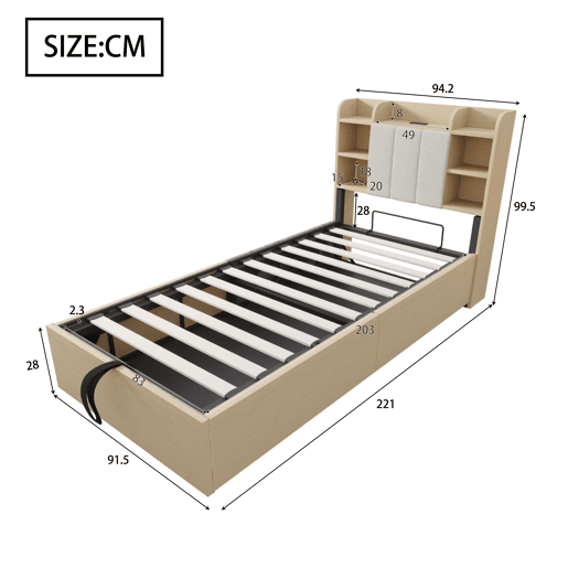 Cama de madeira 90x200 cm - Cama hidráulica, com cabeceira e arrumação, portas USB e tomada tipo C - Madeira natural