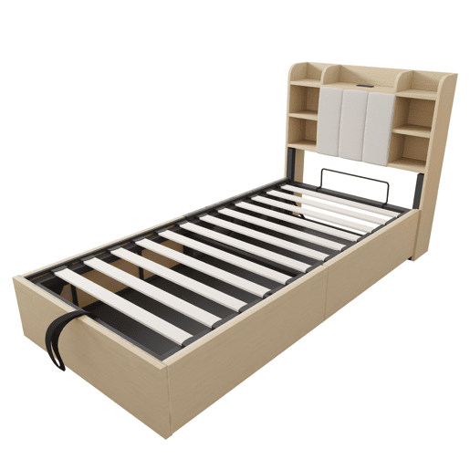 Cama de madeira 90x200 cm - Cama hidráulica, com cabeceira e arrumação, portas USB e tomada tipo C - Madeira natural
