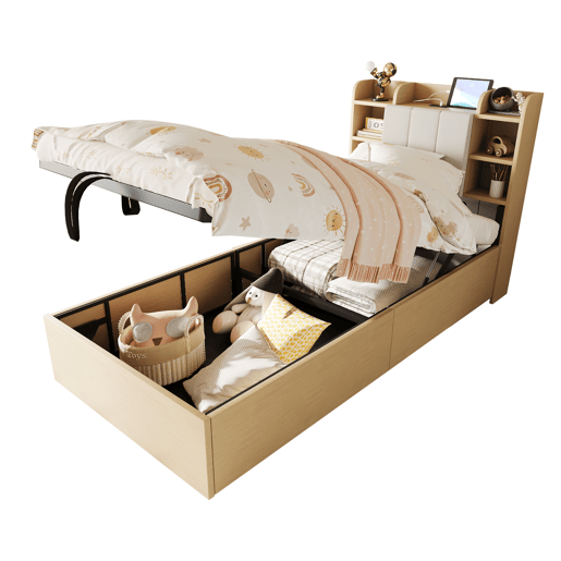 Cama de madeira 90x200 cm - Cama hidráulica, com cabeceira e arrumação, portas USB e tomada tipo C - Madeira natural