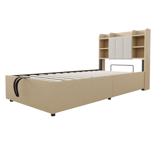 Cama de madeira 90x200 cm - Cama hidráulica, com cabeceira e arrumação, portas USB e tomada tipo C - Madeira natural