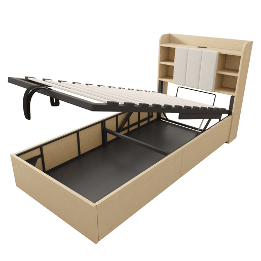 Cama de madeira 90x200 cm - Cama hidráulica, com cabeceira e arrumação, portas USB e tomada tipo C - Madeira natural