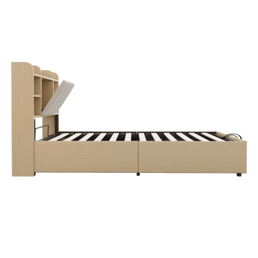 Cama de madeira 90x200 cm - Cama hidráulica, com cabeceira e arrumação, portas USB e tomada tipo C - Madeira natural