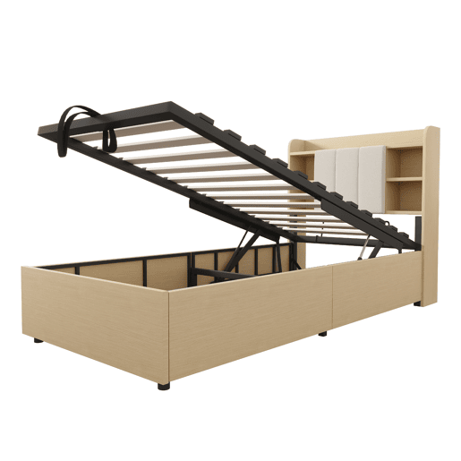 Cama de madeira 90x200 cm - Cama hidráulica, com cabeceira e arrumação, portas USB e tomada tipo C - Madeira natural