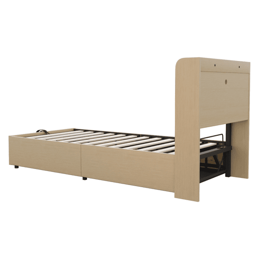Cama de madeira 90x200 cm - Cama hidráulica, com cabeceira e arrumação, portas USB e tomada tipo C - Madeira natural
