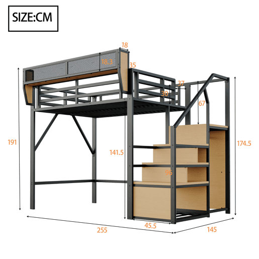 Cama alta 140x200 - com escada de segurança e compartimento de arrumação flexível - Preto