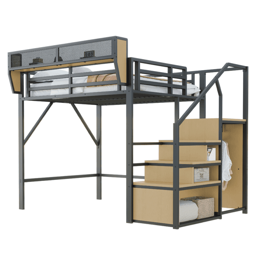 Cama alta 140x200 - com escada de segurança e compartimento de arrumação flexível - Preto
