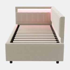 Sofá-cama 90x200 - com LED, armazenamento hidráulico, design com riscas verticais, cabeceiras laterais ajustáveis, estrado, veludo - Bege