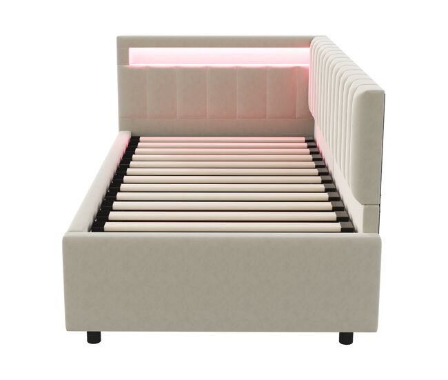 Sofá cama 90x200 - con led, almacenamiento hidráulico, diseño de rayas verticales, cabezales laterales ajustables, somier, terciopelo - beige