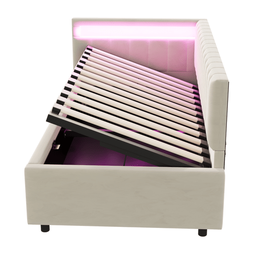 Sofá-cama 90x200 - com LED, armazenamento hidráulico, design com riscas verticais, cabeceiras laterais ajustáveis, estrado, veludo - Bege