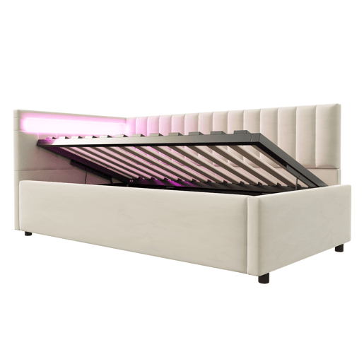 Sofá-cama 90x200 - com LED, armazenamento hidráulico, design com riscas verticais, cabeceiras laterais ajustáveis, estrado, veludo - Bege
