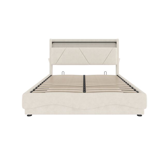 Cama tapizada 140x200 cm - cabezal con led, almacenamiento adicional, base con sistema de gas, puertos usb certificados - beige