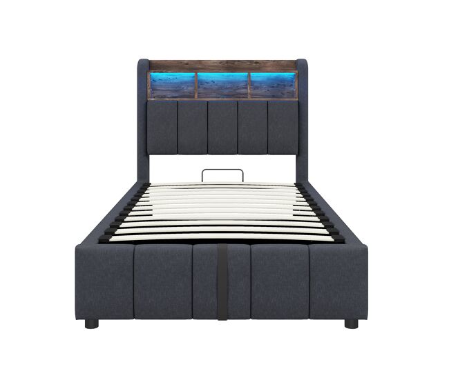 Cama individual 90*200 cm - con iluminación led y puerto usb, cabecera con estantes y almacenamiento, con almacenamiento hidráulico - gris lino