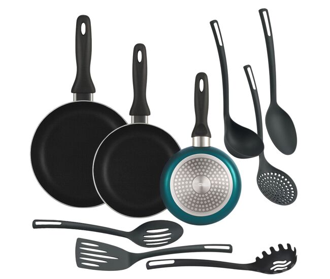 Well home set de 3 sartenes ø16ø20ø24cm de aluminio en azul metalizado + 6 utensilios de cocina en pbt color negro
